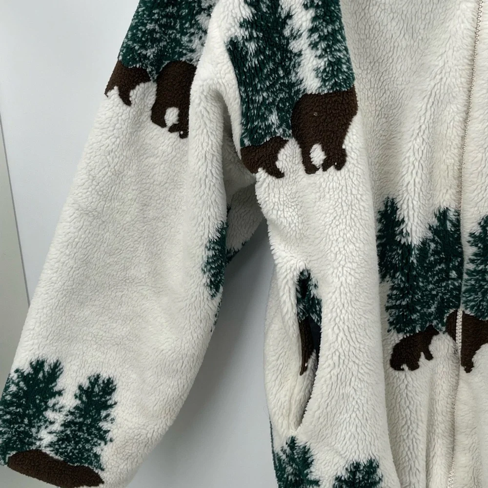 ⭐️Vintage Country Woods Forest Print Cream Fleece Zip-Up Hoodie